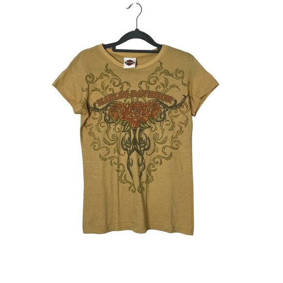 Harley Davidson Mustard Yellow Rose‎ Thorn Graphic Tee Shirt Size Large - Picture 1 of 9